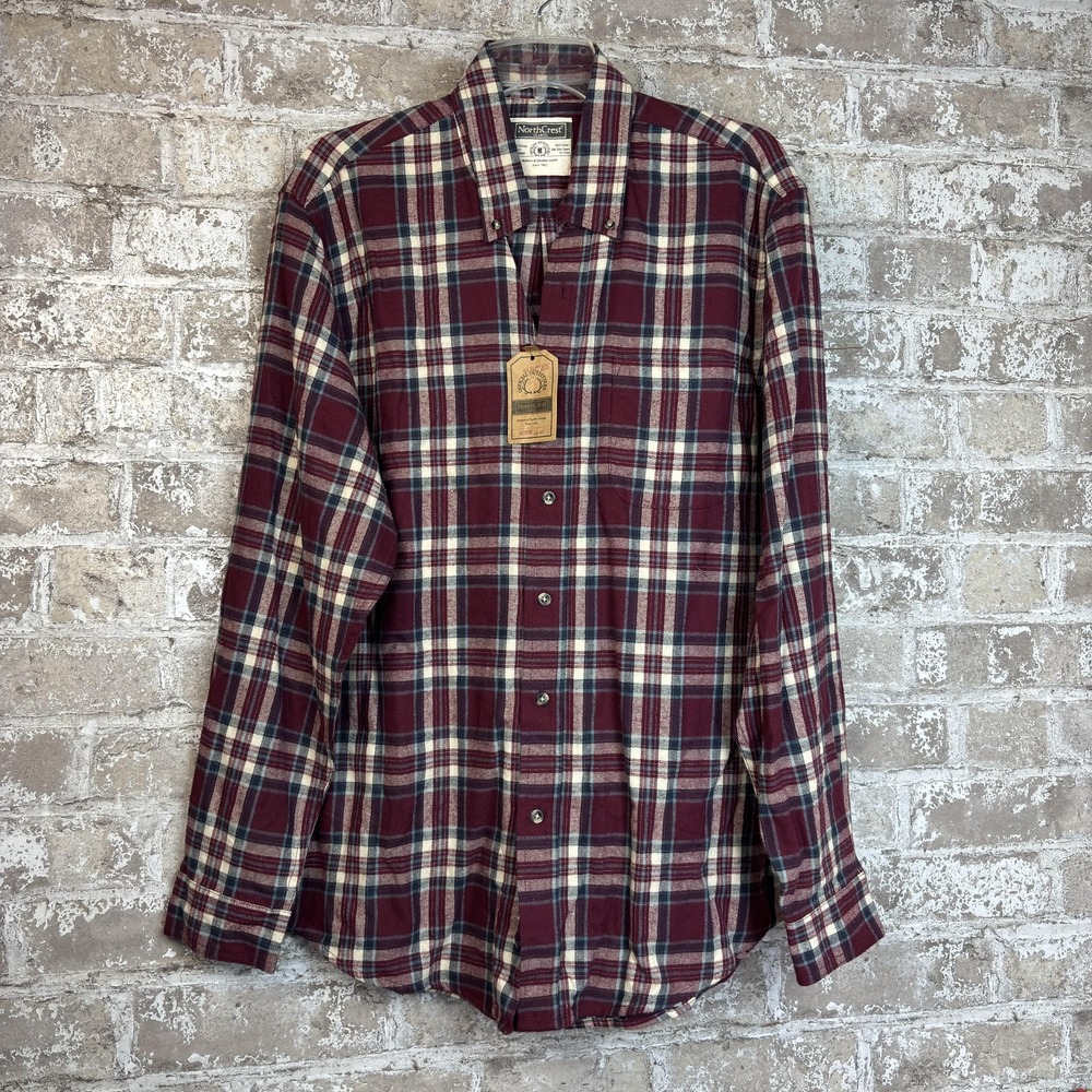 NorthCrest Shirt Mens Medium Red Plaid Flannel Button Front Long Sleeve Casual
